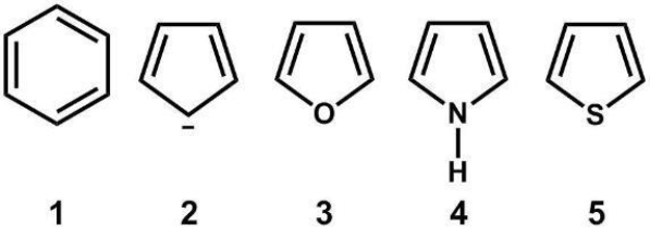 <strong>What is the correct order of decreasing delocalization energies of the following aromatic rings? </strong> A) 1>2>3>4>5 B) 2>1>3>5>4 C) 4>3>5>2>1 D) 1>2>5>4>3 E) 1>5>3>4>2