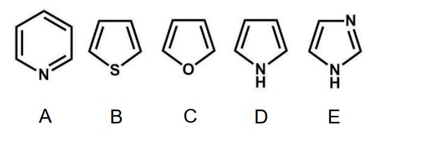 <strong>Which of the following heterocycles is pyrrole? </strong> A) pyridine B) thiophene C) furan D) pyrrole E) imidazole