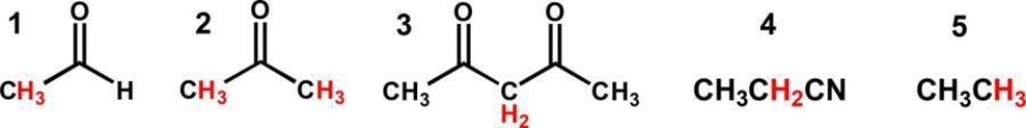 <strong>Which is the correct order of decreasing acidity (increasing pK<sub>a</sub>)? </strong> A) 4>3>2>1>5 B) 3>2>1>4>5 C) 5>4>2>1>3 D) 1>2>3>4>5 E) 3>1>2>4>5