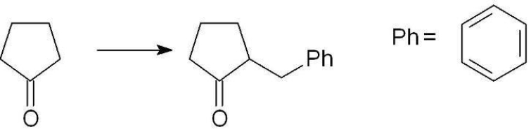 <strong>Which set of reagents can be used to synthesize the following compound? </strong> A) 1. CH<sub>3</sub>NH<sub>2</sub>/H<sup>+</sup> 2. C<sub>6</sub>H<sub>5</sub>-Br B) 1. NaOH 2. C<sub>6</sub>H<sub>5</sub>-CH<sub>2</sub>OTs C) 1. NaH 2. CH<sub>3</sub>CH<sub>2</sub>Br D) 1. LDA 2. C<sub>6</sub>H<sub>5</sub>-CH<sub>2</sub>Br E) 1. CH<sub>3</sub>MgBr 2. C<sub>6</sub>H<sub>5</sub>-CH<sub>2</sub>Br