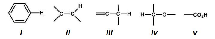 <strong>List the <sup>1</sup>H signals in order from highest to lowest chemical shift (frequency). </strong> A) v, iv, iii, ii, i B) i, ii, v, iv, iii C) v, i, ii, iv, iii D) v, ii, i, iii, iv E) iv, iii, ii, i, v
