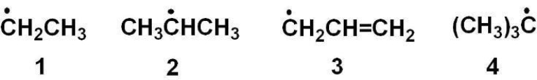 <strong>Rank the radicals in order from most stable to least stable. </strong> A) 1>2>3>4 B) 4>3>2>1 C) 3>4>2>1 D) 1>2>4>3 E) 4>2>3>1