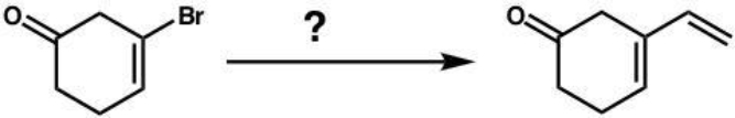 <strong>What type of reaction could not be used to accomplish the following? </strong> A) Gillman ((CH<sub>2</sub>=CH)<sub>2</sub>CuLi) B) Grignard (CH<sub>2</sub>=CHMgBr) C) Heck (CH<sub>2</sub>=CH<sub>2</sub>) D) Suzuki (CH<sub>2</sub>=CHB(OR)<sub>2</sub>) E) All of the above could be used.