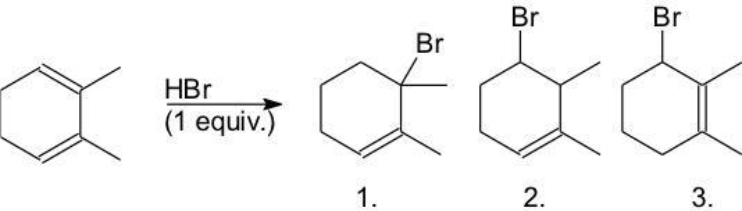 <strong>Which products are, respectively, the kinetic and thermodynamic product? </strong> A) 1,2 B) 1,3 C) 2,1 D) 2,3 E) 3,1