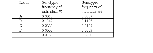 H-W problem. Given the table below, (a) calculate the genotype frequencies of individuals 1 and 2, (b) convert your answers into the 1 in statement, and (c) name which individual has the more unique DNA profile? Explain.  <div style=padding-top: 35px> 