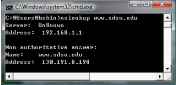<strong>Which command is issued to obtain the IP address of a domain name, www.sdsu.edu, as in the figure? </strong> A) C:>ipconfig /flushdns www.sdsu.edu B) C:>ipconfig /displaydns C) C:>nslookup www.sdsu.edu D) C:>netstat -n E) C:>ipconfig /all