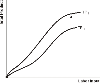 <strong>Figure 4.1 Total Product Curves -Refer to Figure 4.1. The shift in the total product curve represents an increase in the firm's</strong> A) costs of production B) productivity C) diseconomies of scale D) market share