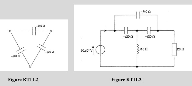 Transform the delta-connection in Figure RT11.2 to its equivalent star connection. Hence determine for the network shown in Figure RT11.3, (a) the total circuit impedance, (b) the current I, (c) the current in the 20 <font face=symbol></font> resistor, and (d) the power dissipated in the 20 <font face=symbol></font> resistor  <div style=padding-top: 35px> 