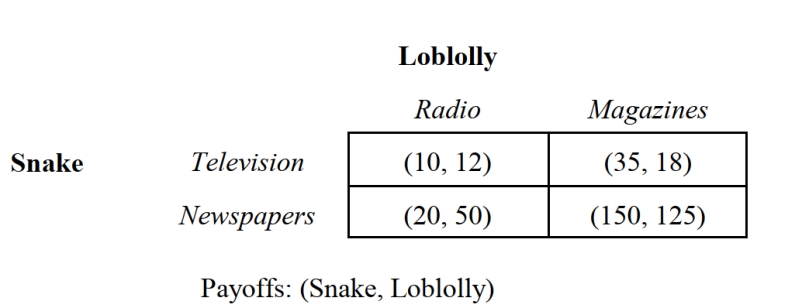 <strong> -The Snake River Company and the Loblolly River Company are considering their respective advertising campaigns. Figure 2.9 summarizes the payoffs (in thousands of dollars) from alternative advertising strategies. If larger payoffs are preferred, what is the Nash equilibrium strategy profile for this game is:</strong> A) {Television, Radio}. B) {Television, Magazines}. C) {Newspapers, Radio}. D) {Newspapers, Magazines}. E) This game does not have a Nash equilibrium.
