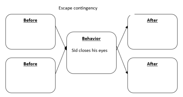 <strong>Sid's difficult life (the top half of the diagram): What goes in the before & after boxes of the escape contingency?</strong> A) Before: No writing reinforcers, After: Writing reinforcers B) Before: Aversively sleepy, After: Not aversively sleepy C) Before: Social reinforcers, After: No social reinforcers D) Before: Writing reinforcers, After: No writing reinforcers