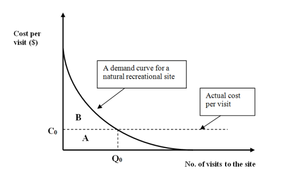 Figure 7E -Refer to Figure 7E. Assume that the function in the figure measures WTP for visits to a national park. If the actual cost per visit is set above C0, then it must be that consumer surplus is…