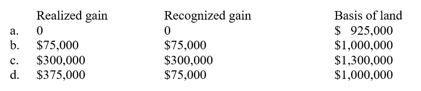 Zandu Corporation exchanged a building (fair market value = $1,000,000, adjusted basis = $700,000) and two semi-tractor-trailers (fair market value = $300,000; adjusted basis = $225,000), all five years old, for land to build a new facility valued at $1,300,000. What is Zandu's realized and recognized gain and its basis in the land?  <div style=padding-top: 35px> 