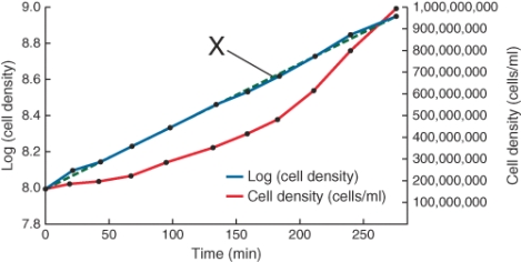 <strong>The cell density of an exponentially growing culture of E. coli as a function of time is shown below. The slope of the line marked x is ________. </strong> A) (log 2)/τ B) (log 2)/t C) 40 min D) t/(log 2)