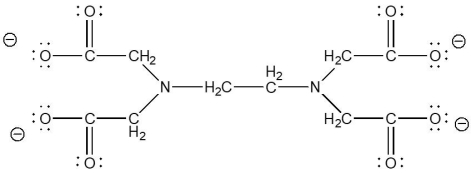 <strong>EDTA<sup>4-</sup> (ethylenediaminetetraacetate anion), shown below, is capable of acting as a ________ ligand. </strong> A)monodentate B)bidentate C)tridentate D)tetradentate E)polydentate