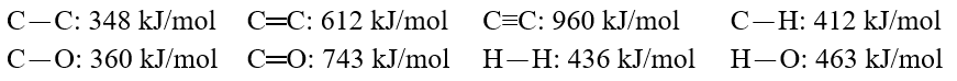 <strong>Using these bond energies, ?H°: Calculate the value of \Delta H° of reaction for O.C.O(g)+ 3 H<sub>2</sub>(g). CH<sub>3</sub>-O-H(g)+ H-O-H(g)</strong> A)-191 kJ/mol B)+272 kJ/mol C)-272 kJ/mol D)-5779 kJ/mol E)+5779 kJ/mol