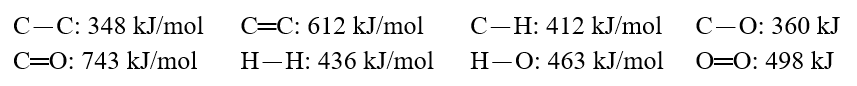 <strong>Using these bond energies, \Delta H°: Calculate the value of \Delta H° of reaction for H<sub>2</sub>C.CH<sub>2</sub>(g)+ H-O-H(g) \rarr CH<sub>3</sub>-CH<sub>2</sub>-O-H(g)</strong> A)-13 kJ/mol B)-45 kJ/mol C)-124 kJ/mol D)+224 kJ/mol E)-508 kJ/mol