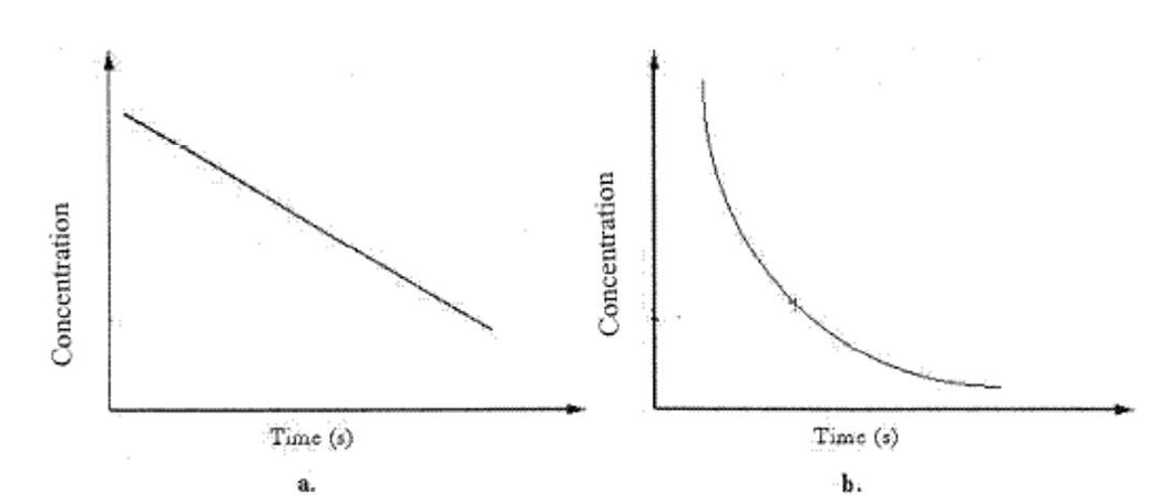 <strong> The instantaneous rate at any point in graph b can be found by</strong> A)taking the average of all rates found every 100 s. B)drawing a line tangent to the curve at the initial and final times, and then averaging. C)drawing a line tangent to the curve at that point. D)subtracting the final concentration from the initial concentration and dividing by the time interval. E)subtracting the final time from the initial time and dividing by the concentration.