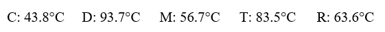 <strong>Given the following substances and their normal boiling points, in °C:   Which ranking correctly lists some of these substances in order of decreasing vapor pressure at 20°C?</strong> A)C > R > D B)D > T > R C)R > M > D D)C > D > M E)D > R > M <div style=padding-top: 35px> 
