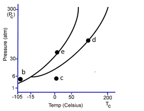 <strong>The following questions refer to the phase diagram below. Gas, liquid, and solid phases are all present, but not labeled.    -At the temperature and pressure of point d, which statement below is true?</strong> A)The substance will sublime. B)There will be an equilibrium between the solid phase and the gaseous phase. C)Vaporization and deposition will take place simultaneously. D)Condensation and evaporation will take place simultaneously. E)The substance will be a supercritical fluid. <div style=padding-top: 35px> 