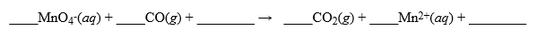 It is proposed to measure the CO gas present in air samples by passing the gas through a solution of potassium permanganate. The reaction that occurs is,   In a trial run, it required 102 liters of air containing CO (no other substances that would react with permanganate were present)to completely decolorize 250 mL of 0.0150 M MnO<sub>4</sub><sup>-</sup>(aq)solution in a scrubber. If air weighs 1.29 g/liter, what is the percent by weight of CO in the air? Hint: Make sure your equation is balanced and pay attention to your units throughout the problem.