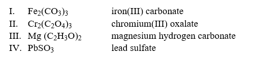 Select the examples in which the names do not correctly match the formulas of the compounds indicated. Hint: Write the correct name of each formula without looking at the names and then compare it to the choices.