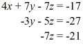 Solve the system of linear equations for x, y, and z.