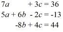 <strong>Solve the system of linear equations for a, b, and c. </strong> A) (-3, -3, 5) B) (5, -3, 3) C) (3, -3, 5) D) (-3, 5, 3)