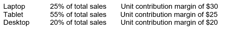 <strong>Calloway Computers sells three types of computers. Information on these is as follows: If the sales mix information and individual contribution margins given above remain the same, and fixed costs over the final three months of the year are $50,500, what is the expected break-even point for Calloway for this period?</strong> A) 1,800 units B) 1,980 units C) 2,000 units D) 2,020 units