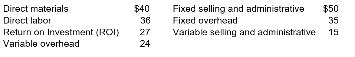 <strong>Ixtapa Company. has determined the following per unit amounts: The unit selling price using the cost-plus method is</strong> A) $142 B) $162 C) $215 D) $227