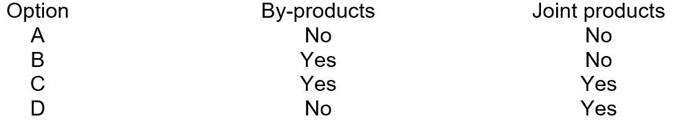 <strong>Which of the following are identifiable as different individual products before split-off for cost accumulate purposes? </strong> A)A. B)B. C)C. D)D.