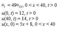 <strong>The ends of a rod 40 cm in length are connected to reservoirs that maintain the temperature at 12°C at x = 0 and 14°C at x = 40. The initial boundary value problem governing how heat conducts through the rod is as follows: What is the solution u(x, t) of the initial boundary value problem?</strong> A) u(x, t) = v(x) * w(x, t) B) u(x, t) = v(x) + w(x, t) + C, where C is an arbitrary real constant. C) u(x, t) = v(x) + w(x, t) D) u(x, t) = w(x, t) - v(x)