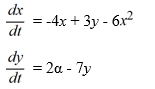 <strong>Suppose ? is a real parameter. Consider this competing species model: Which of these are true? Select all that apply.</strong> A) The origin is a critical point of this system for all values of \alpha . B) The x -nullcline is the curve \frac{6}{3} x^{2}+\frac{4}{3} x . C) The y -nullcline is the horizontal line y=\frac{2}{7} \alpha . D) The system has no critical points for values of \alpha<-\frac{7}{9}