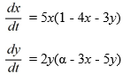 <strong>Suppose ? is a positive real parameter. Consider this competing species model: What are the nullclines for this system?</strong> A) x = 0 B) y = 0 C) D) 4x + 3y = 1 E) F) G) H)