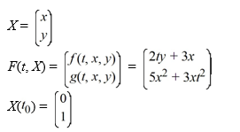 Consider the system of initial value problems given by This problem can be expressed using matrix notation as where When using the Euler method with h = 0.1, t<sub>2</sub> = ________