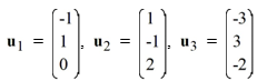 Are the vectors u<sub>1</sub> , u<sub>2</sub> , and u<sub>3</sub> linearly independent or linearly dependent? If they are linearly dependent, identify appropriate constants A, B, and C for which A u<sub>1</sub> + Bu<sub>2</sub> +Cu<sub>3</sub> = 0 that demonstrates this fact.
