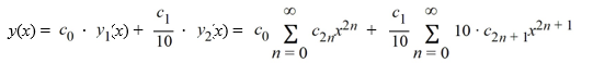 Consider the second-order differential equation + 100y = 0. Assume a solution of this equation can be represented as a power series Assume the solution of the given differential equation is written as Identify elementary functions for y<sub>1</sub> (x) and y<sub>2</sub> (x). y<sub>1</sub> (x) = ________ y<sub>2</sub> (x) = ________