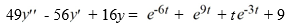 <strong>Consider this second-order nonhomogeneous differential equation: Which of these is a suitable form of a particular solution Y(t) of the nonhomogeneous differential equation if the method of undetermined coefficients is used? Here, all capital letters represent arbitrary real constants.</strong> A) Y(t)=A e^{-6 t}+B e^{9 t}+C t e^{-3 t}+D B) Y(t)=(A+B t)\left(e^{-6 t}+e^{9 t}+t e^{-3 t}+C\right. C) Y(t)=A e^{-6 t}+B e^{9 t}+(C t+D) e^{-3 t}+E D) Y(t)=(A+B t) e^{-6 t}+(C+D t) e^{9 t}+(E+F t) e^{-3 t}+G