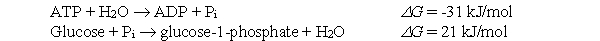 <strong>If the following two reactions were coupled, what would be the \Delta G for the overall exergonic reaction? </strong> A) -52 kJ/mol B) -10 kJ/mol C) 10 kJ/mol D) 52 kJ/mol E) none of the above