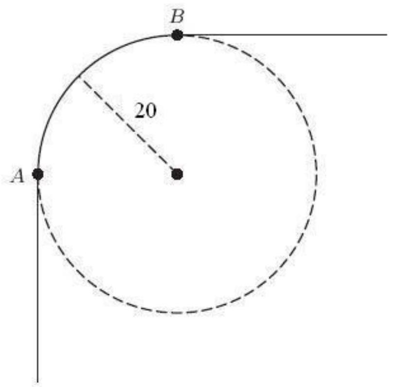 The following figure shows the path taken by the left front tire of a car as it changes direction sharply from due north to due east. The turning radius of the car is 20 feet, and the two front wheels are 56 inches apart. How many feet does the left front wheel travel from A to B ? Round to 1 decimal place.