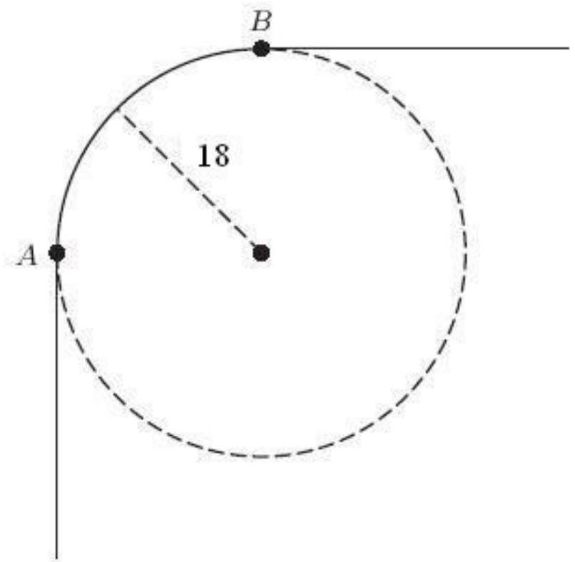 The following figure shows the path taken by the left front tire of a car as it changes direction sharply from due north to due east. The turning radius of the car is 18 feet, and the two front wheels are 57 inches apart. While the left front wheel travels from A to B , how many feet does the right front wheel travel? Round to 1 decimal place.