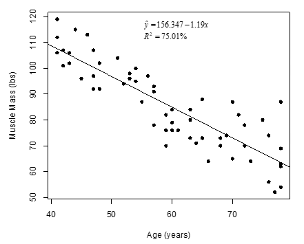 <strong>It is commonly expected that as a person ages, their muscle mass decreases. To further examine this relationship in women, a nutritionist randomly selected 60 female patients from her clinic, 15 women from each 10-year age group beginning with age 40 and ending with age 80. For each patient, her age and current muscle mass was recorded. A scatterplot, least squares regression line, and coefficient of determination are as follows. -Write a sentence interpreting the value of the slope in the context of the study.</strong> A) A one year increase in age is associated with a 1.19 lb increase in predicted muscle mass. B) A one year increase in age is associated with a 1.19 lb decrease in predicted muscle mass. C) A one year increase in muscle mass is associated with a 1.19 lb increase in predicted age. D) A one year increase in muscle mass is associated with a 1.19 lb decrease in predicted age.