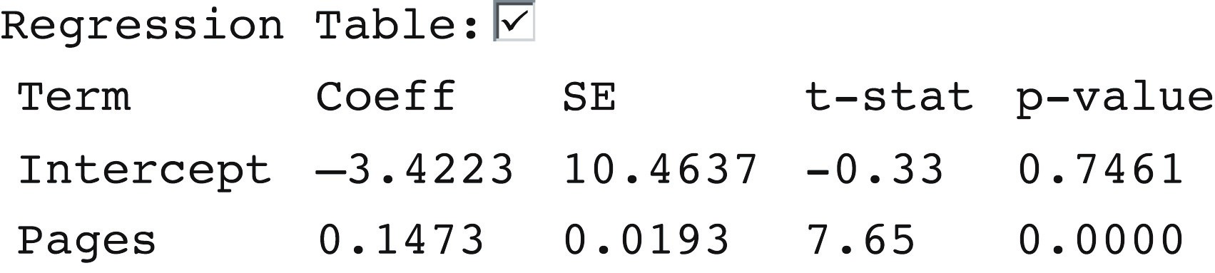 <strong>How is the number of pages in a textbook related to the price of the textbook? To find out, two Cal Poly freshmen (2006) randomly selected 30 textbooks at the campus bookstore and recorded the price ($) and number of pages for each book. Here's output from analyzing the data collected in the Corr/Regression applet. Assume, for now, that the normal approximation-based method is valid, and thus, the p-value from the Regression Table below is valid. -What is the most appropriate null hypothesis for testing the regression slope using theory-based methods?</strong> A) There is no association between number of pages in a textbook and price of the textbook. B) There is an association between number of pages in a textbook and price of the textbook. C) There is no linear association between number of pages in a textbook and price of the textbook. D) There is a linear association between number of pages in a textbook and price of the textbook.