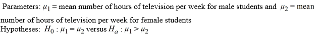 <strong>Use the following to answer the questions below: There are 24 students enrolled in an introductory statistics class at a small university. As an in-class exercise the students were asked how many hours of television they watch each week. Their responses, broken down by gender, are summarized in the provided table. Assume that the students enrolled in the statistics class are representative of all students at the university. -Define the appropriate parameter(s) and state the hypotheses for testing if this sample provides evidence that, on average, male students watch more television than female students at this university.</strong> A) B) C) D)