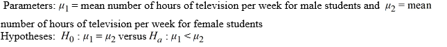 <strong>Use the following to answer the questions below: There are 24 students enrolled in an introductory statistics class at a small university. As an in-class exercise the students were asked how many hours of television they watch each week. Their responses, broken down by gender, are summarized in the provided table. Assume that the students enrolled in the statistics class are representative of all students at the university. -Define the appropriate parameter(s) and state the hypotheses for testing if this sample provides evidence that, on average, male students watch more television than female students at this university.</strong> A) B) C) D)
