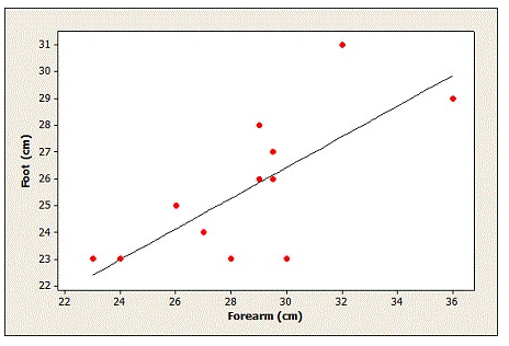 Use the following to answer the questions below: Students in a small statistics course collected data to determine if the length of the forearm could be used to predict the length of the foot (both measured in centimeters). Their data are displayed in the provided table. -A scatterplot of the data with the least squares regression line is shown. What are the coordinates of the point with the most extreme positive residual?