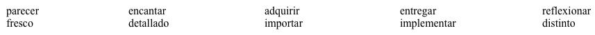 Vocabulario Para describir un blog. Estás leyendo un blog sobre buceo (scuba diving) en preparación para ir a Puerto Rico a bucear. Encontraste uno que te encantó, y quieres dejar un mensaje al creador del blog. Usa el siguiente banco de palabras para completar tu carta. ¡Asegúrate de conjugar los verbos en el presente cuando sea necesario y que haya concordancia con los adjetivos! Estimado Carlos: Es la primera vez que visito tu blog. ¡Me 1. _____________! Me 2 _____________ muy 3. _____________ y 4. _____________. Creo que es muy 5. _____________ ya que dices muchas cosas que yo nunca había escuchado, pese a que tengo un año practicando el buceo. A medida que más lo leo, estoy al tanto de todo lo que necesito saber para mi próximo viaje a Puerto Rico. Quisiera 6. _____________ más equipo antes de partir, pero necesito 7. _____________ si realmente lo necesito o podría rentarlo solamente. No me 8. _____________ el gasto, pero quiero tomar la decisión correcta. Gracias de antemano (in advance) por tu respuesta.