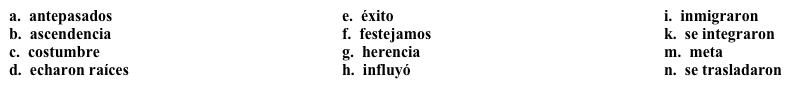 Vocabulario Mi familia Para la clase de español, tienes que contarle sobre tu familia a un compañero de tu clase. Completa la historia de tu familia con la opción apropiada de la siguiente lista. (No todas las opciones se utilizan). En realidad, no sé muy bien quiénes son mis 1. ______. Mi 2. ______ es una mezcla de varias nacionalidades. No sé exactamente qué nacionalidades, pero creo que hay sangre irlandesa, alemana y sueca en mi familia. No sé cuándo mis antepasados 3. ______ a Estados Unidos, pero creo que fue en el siglo XIX. Viajaron al Medio Oeste y 4. ______, y por lo general, mi familia se ha quedado en la misma región hasta ahora. Sé de unos parientes que 5. ______ a otros estados para trabajar, pero que yo sepa, se fueron a estados cercanos al mío. Realmente no tenemos una 6. ______ cultural muy definida; supongo que más que nada nos consideramos estadounidenses. Nosotros 7. ______ las celebraciones del país, pero no mantenemos ninguna 8. ______ de nuestros antepasados. Por eso, creo que ellos 9. _______ con mucho 10. ______ a la cultura nueva. Pero me da un poco de tristeza que no tengamos ninguna tradición histórica que hayamos mantenido a través de los años.