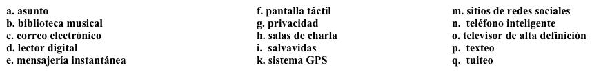 Perspectivas globales: La tecnología Tienes que escribir una serie de ensayos sobre diferentes temas relacionados con la globalización. Para el primer ensayo, tienes que explicar cómo la tecnología contribuye a la globalización. Completa los espacios en blanco con la opción apropiada. La tecnología moderna ha cumplido un papel importante en la globalización. En siglos anteriores, si una persona emigraba a otro lugar, muchas veces perdía contacto con su familia en su país de origen. En cambio, hoy, la tecnología permite que todos estemos en contacto con personas en cualquier parte del mundo. Antes, si se enviaba una carta a otro país, tardaba meses en llegar. Ahora, si mandas un 1. ______, llega casi instantáneamente. Antes, si una persona quería mantener su lengua nativa, tenía que vivir en una comunidad de inmigrantes del mismo país. Ahora, puede comunicarse con sus amigos en otros países en los 2. ______, en las 3. ______, o con la 4. ______. Incluso puede usar programas como Skype para hablar por teléfono, y ¡no cuesta nada! En épocas pasadas, si una persona quería tener acceso a los periódicos y otros medios de comunicación de un país, era necesario vivir en ese país, o quizás tener un amigo que le enviara los periódicos. Ahora, con un 5. ______, puede leer las noticias de otro país al mismo tiempo que se publica la noticia. Con tecnologías como el 6. ______ y el 7. _______, a veces ni siquiera es necesario esperar hasta que publique un evento en el periódico; los ciudadanos sirven como reporteros y pueden publicar noticias en tiempo real. Quizás lo más impresionante de esta tecnología es que se puede acceder a tanta información fácilmente con un 8. ______. Ni siquiera es necesario estar en casa; una persona puede estar en cualquier lugar y tener acceso a toda esa información. Uno de los problemas que se experimenta ahora a causa de toda esta tecnología es la pérdida de la 9. ______. Ya que todo el mundo puede publicar cualquier cosa en Internet, resulta cada vez más difícil guardar seguramente la información personal.