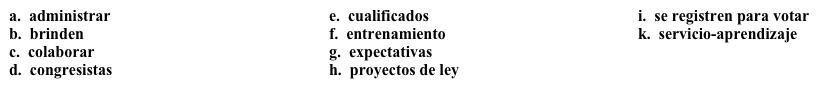 Campaña para jóvenes: Objetivos La organización decide establecer algunos objetivos concretos para poder medir el progreso de su campaña. Completa los espacios en blanco con la opción apropiada. · Queremos 1. ______ con nuestros 2. ______ y sus asistentes legislativos para patrocinar (sponsor) nuevos 3. _______. · Queremos trabajar con universidades y escuelas que 4. ______ programas de 5. _______ que tengan como objetivo la participación cívica. · Queremos establecer 6. ______ claras para los voluntarios en nuestra campaña y empezar un programa de 7. _______ para aprovechar mejor sus habilidades. · Queremos que los jóvenes en nuestra comunidad 8. ______. Para lograr ese objetivo vamos a hacer varias campañas. En las últimas elecciones, votaron 250.000 jóvenes. Queremos que 250.000 jóvenes más voten en las elecciones de este año. · Queremos 9. ______ un programa para niños con la meta de reducir el analfabetismo. Buscamos voluntarios 10. ______ para trabajar con 5 niños cada semana.