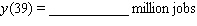 In 2004 the Texas Bureau of Economic Geology published a study on the economic impact of using carbon dioxide enhanced oil recovery (EOR)technology to extract additional oil from fields that have reached the end of their conventional economic life. The table gives the approximate number of jobs for the citizens of Texas that would be created at various levels of recovery. Find the regression line. y = __________ x + __________ Use the regression line to estimate the number of jobs that would be created at a recovery level of 39%.